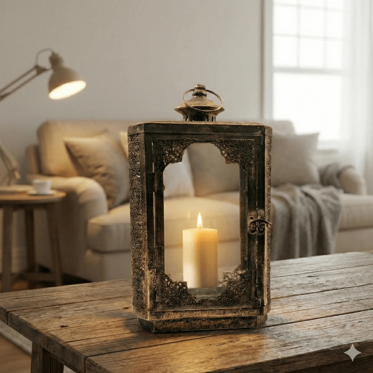 Rustic gold metal and glass lantern with candle on wooden table in cosy living room