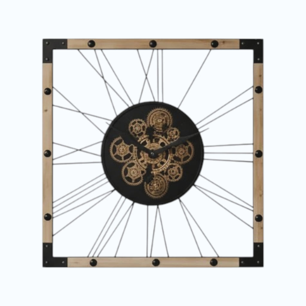 Industrial square wall clock with exposed gold gears and wood frame