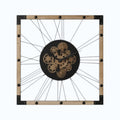 Industrial square wall clock with exposed gold gears and wood frame