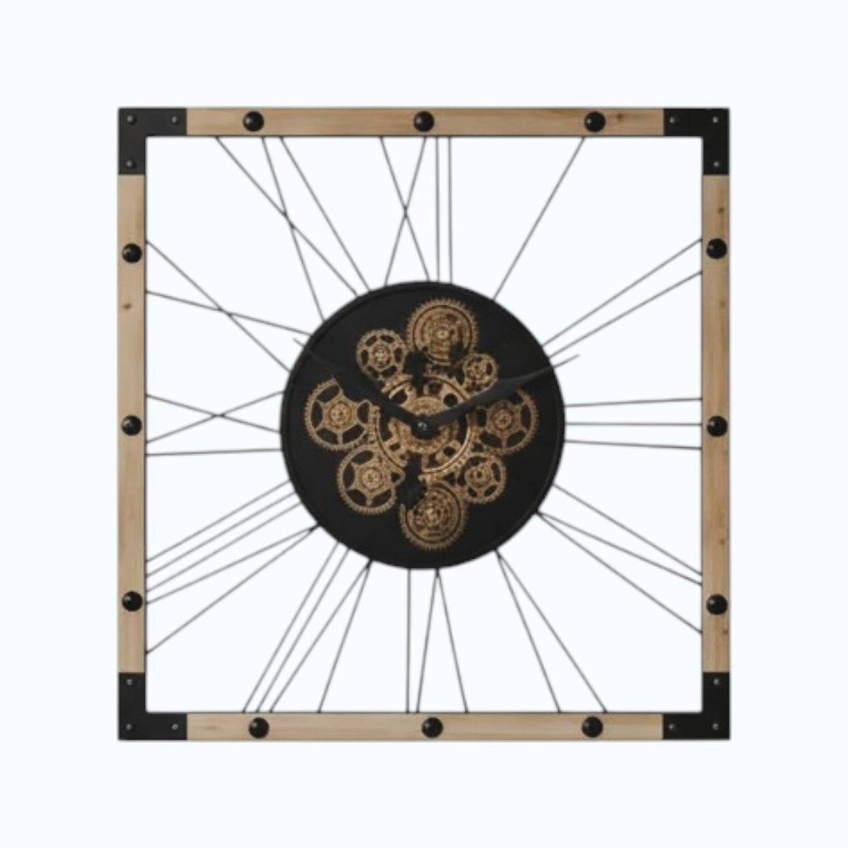 Industrial square wall clock with exposed gold gears and wood frame