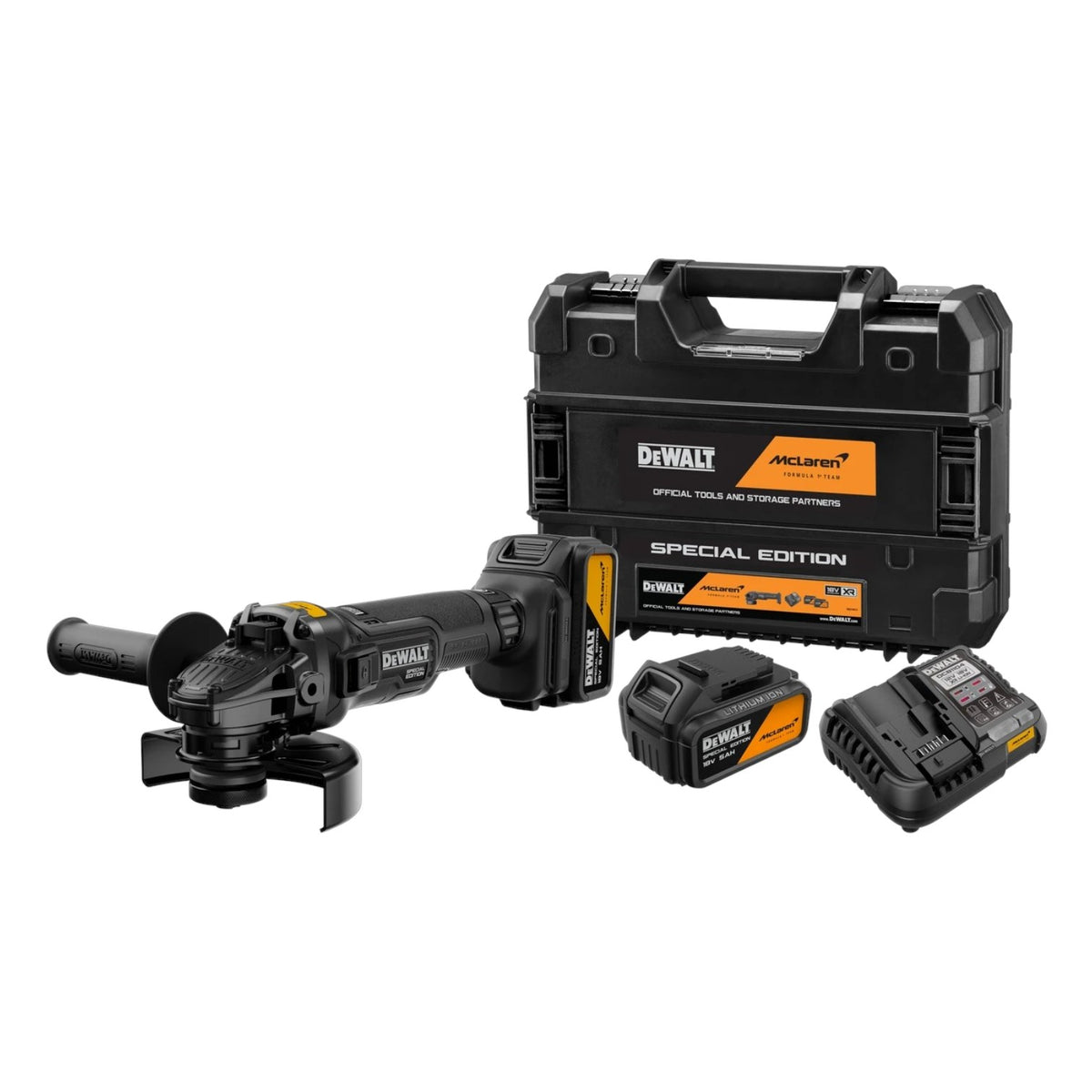 DeWalt x McLaren Angle Grinder Kit 18V XR including grinder, batteries, and case for cordless cutting and grinding tasks.