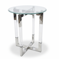Round glass and acrylic side table with mirror chrome legs