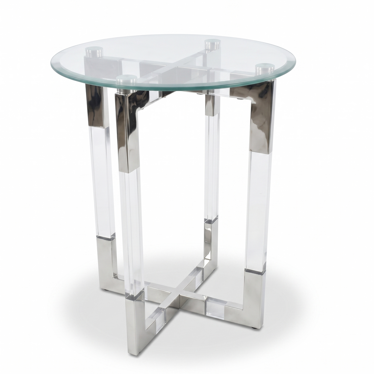 Round glass and acrylic side table with mirror chrome legs