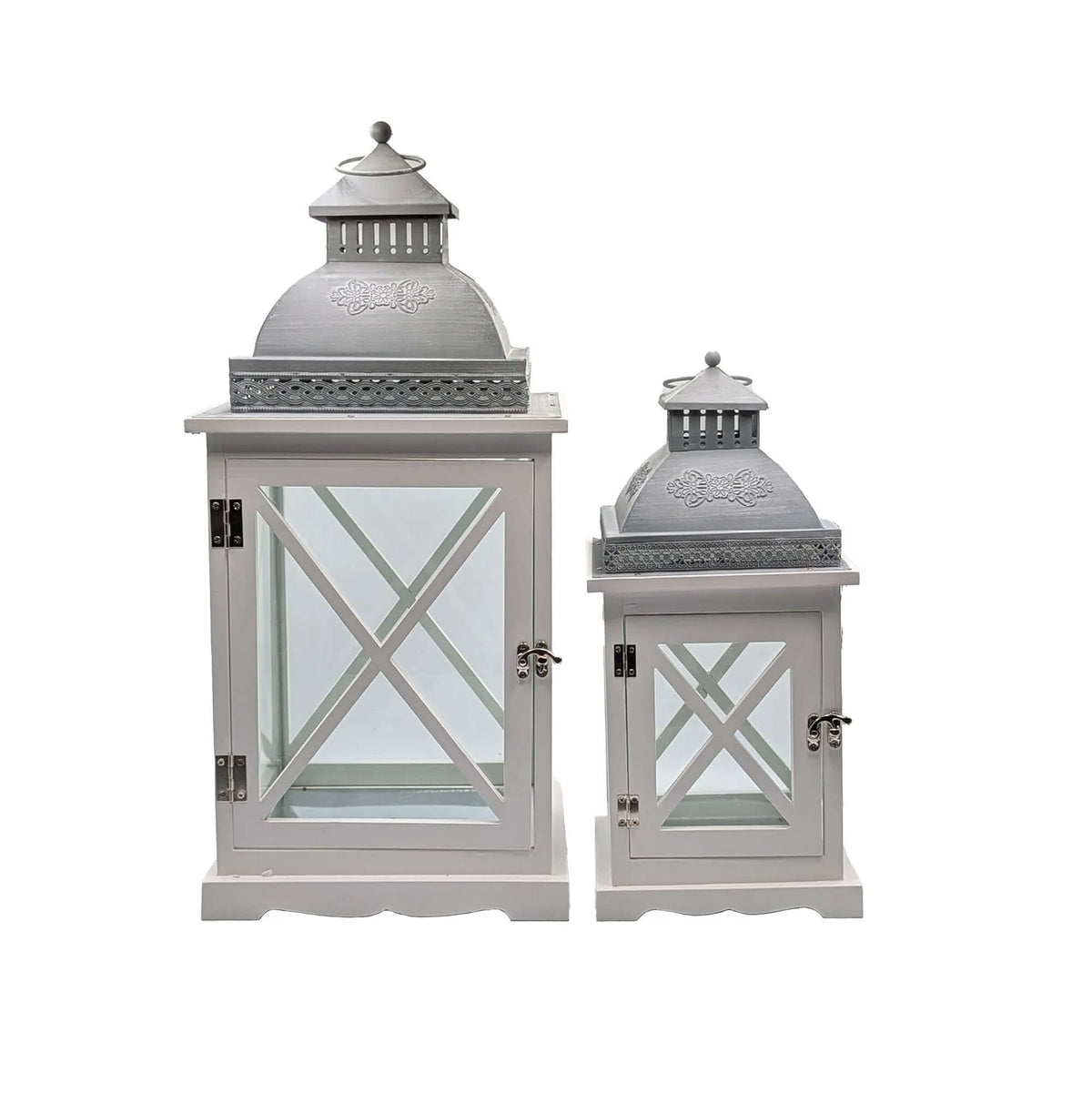 Set of two antique white wooden lanterns with glass panels and metal domed tops