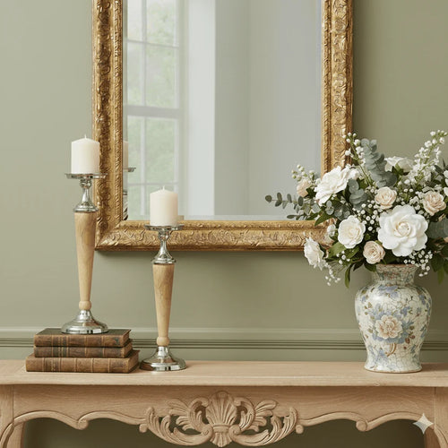 Candle holders displayed on console table with books and floral vase