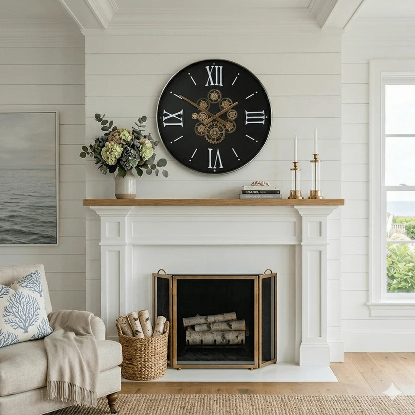 Large gear wall clock displayed above a fireplace in a living room