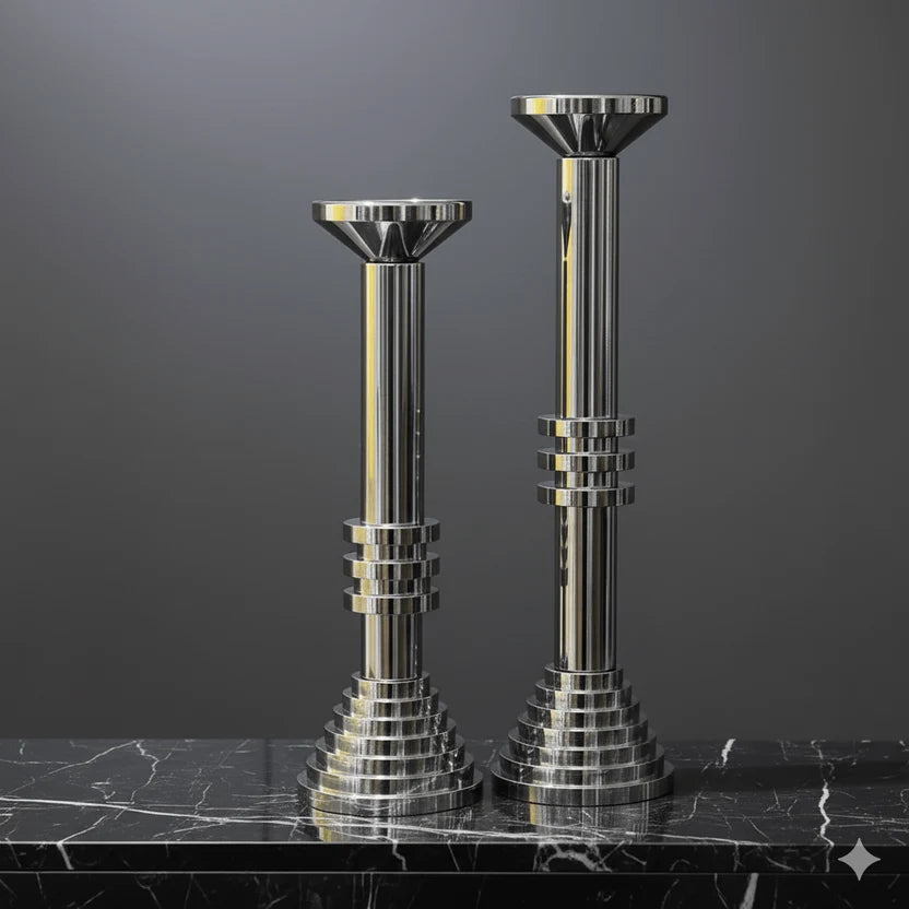 Chrome candle holder set on black marble surface