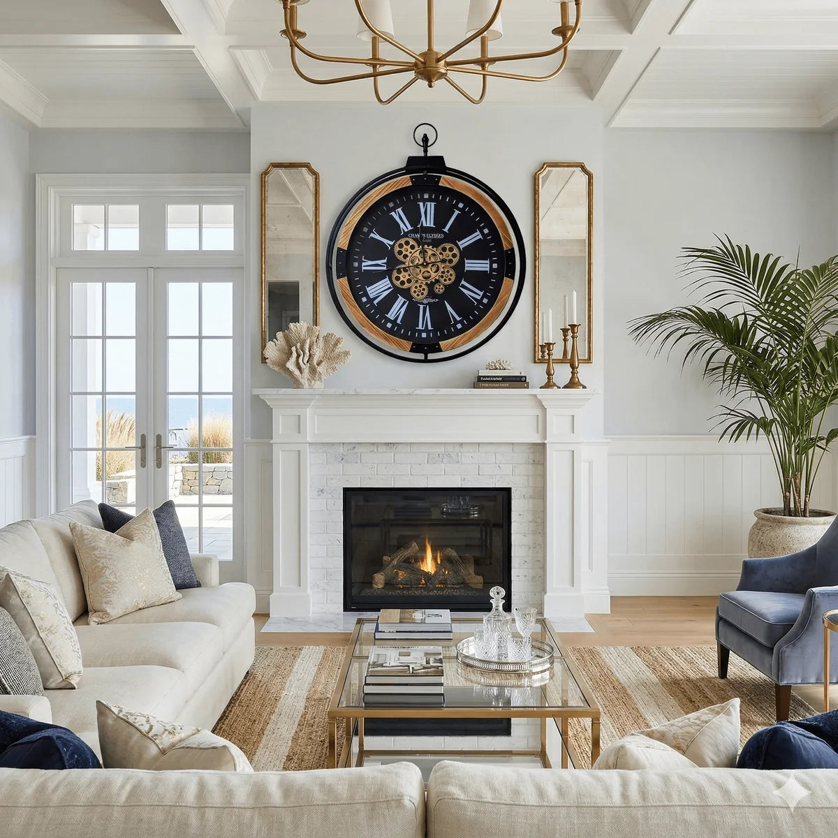 Large industrial gear wall clock displayed above a white fireplace in a modern living room