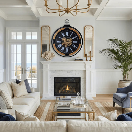 Large industrial gear wall clock displayed above a white fireplace in a modern living room