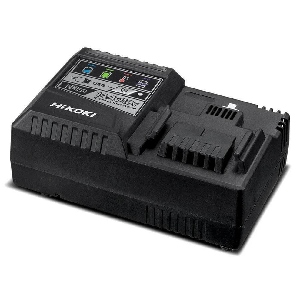HiKOKI black Li-ion battery rapid charger with USB output and cooling system