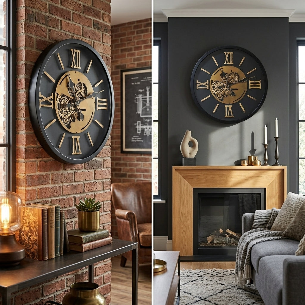 Industrial Wall Clock Silent Quartz 58cm showcasing a bold black and gold design in a cozy living space.