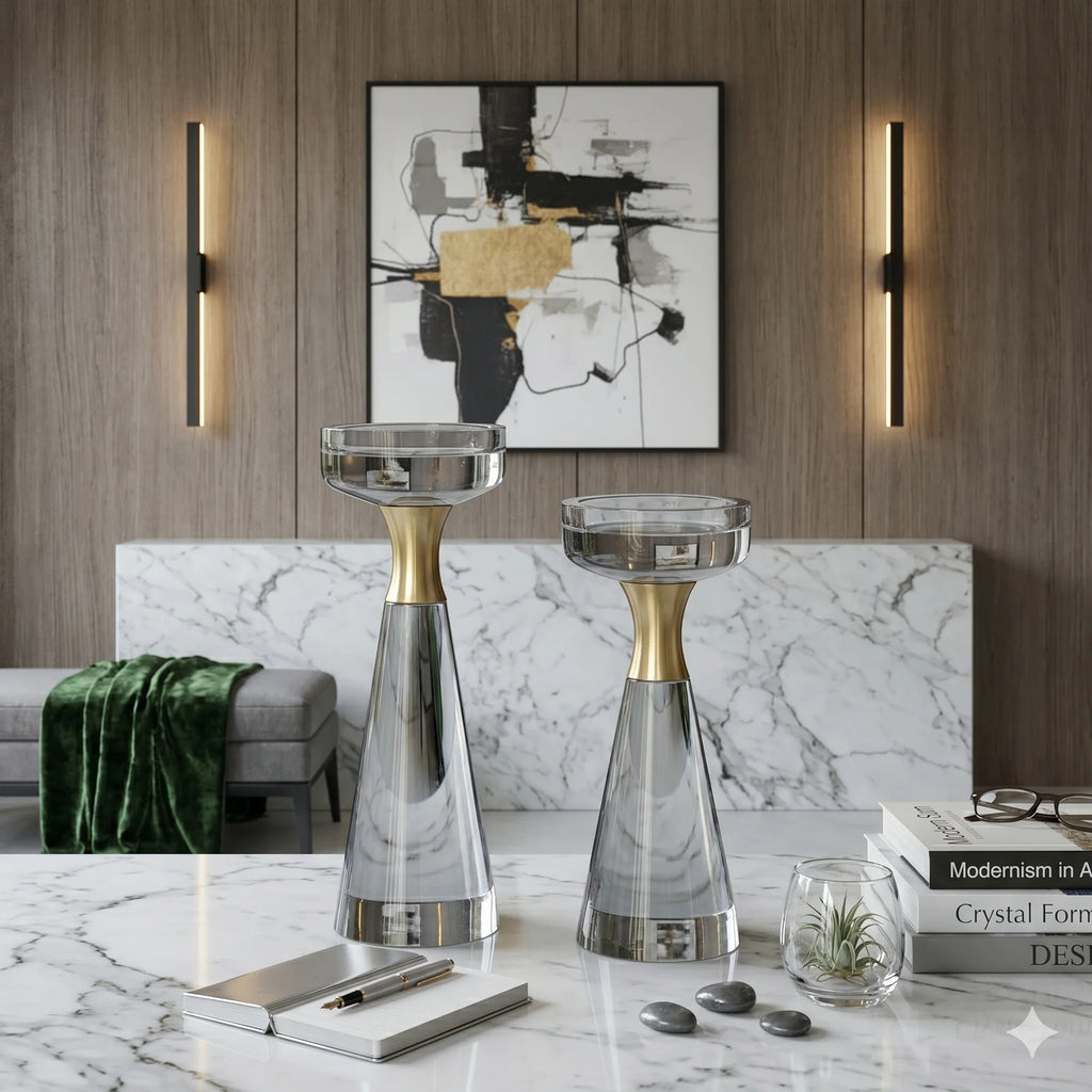 Azure crystal and gold taper holders set displayed on marble surface in modern interior