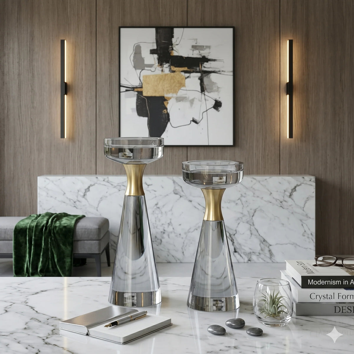 Azure crystal and gold taper holders set displayed on marble surface in modern interior