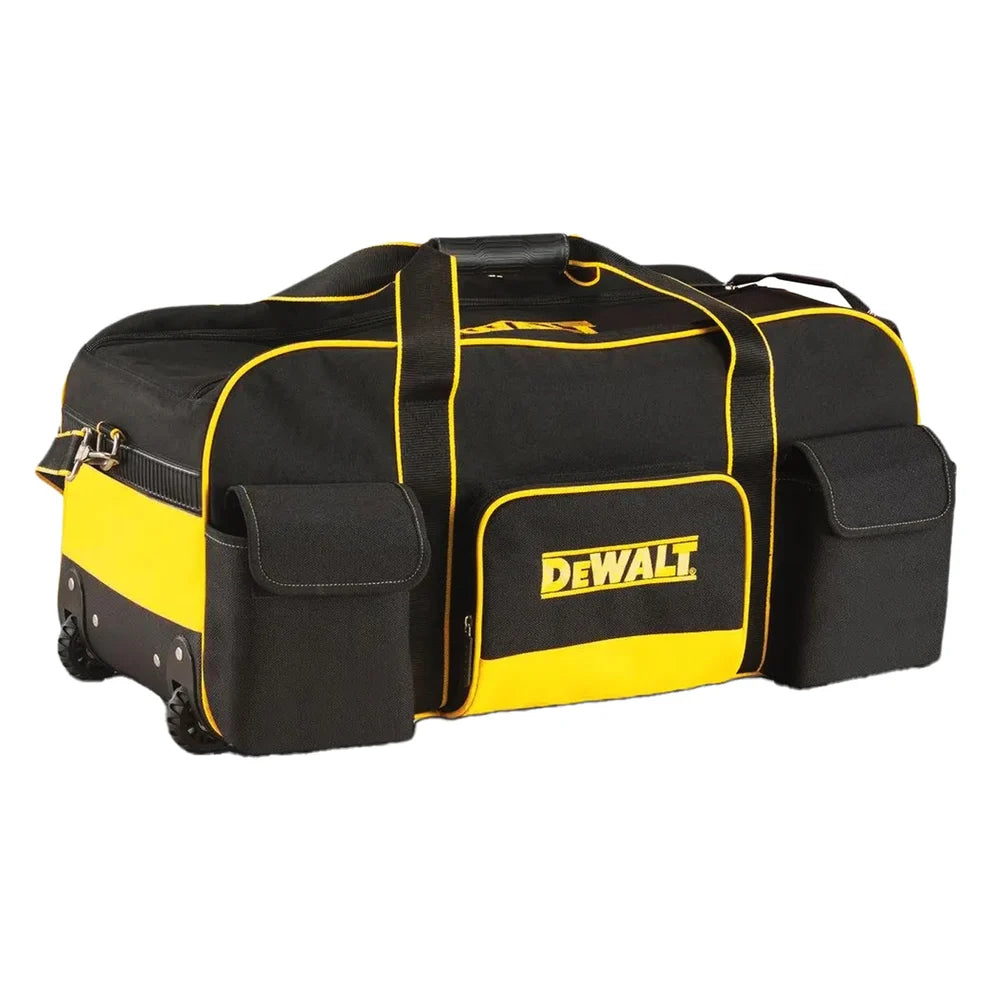 DeWALT tool bag showing external compartments and wheels