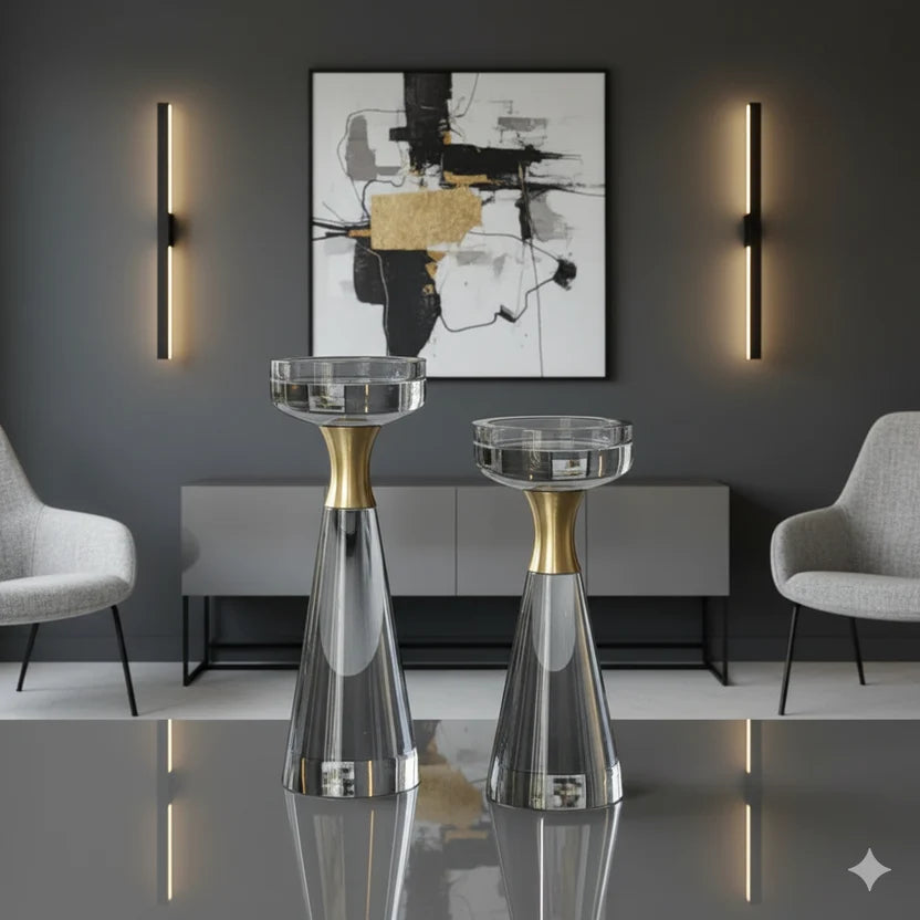 Azure crystal and gold taper holders set showcased in contemporary lounge setting