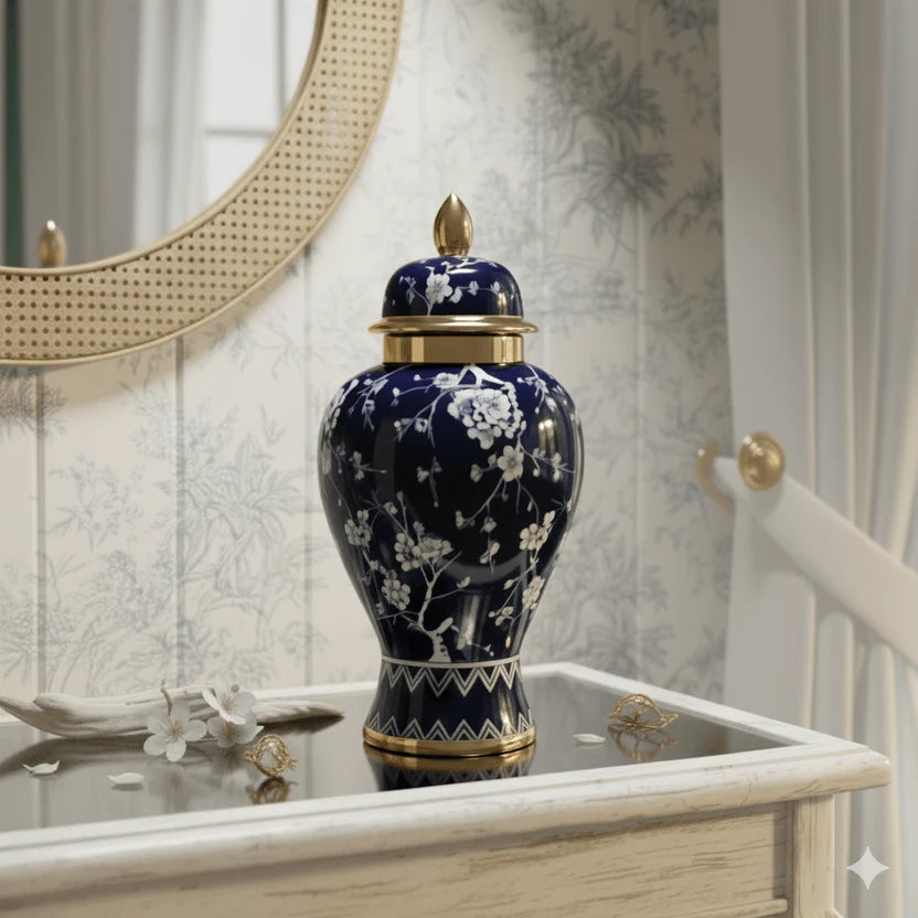 Navy blossom temple jar displayed on a mirrored table in a classic room