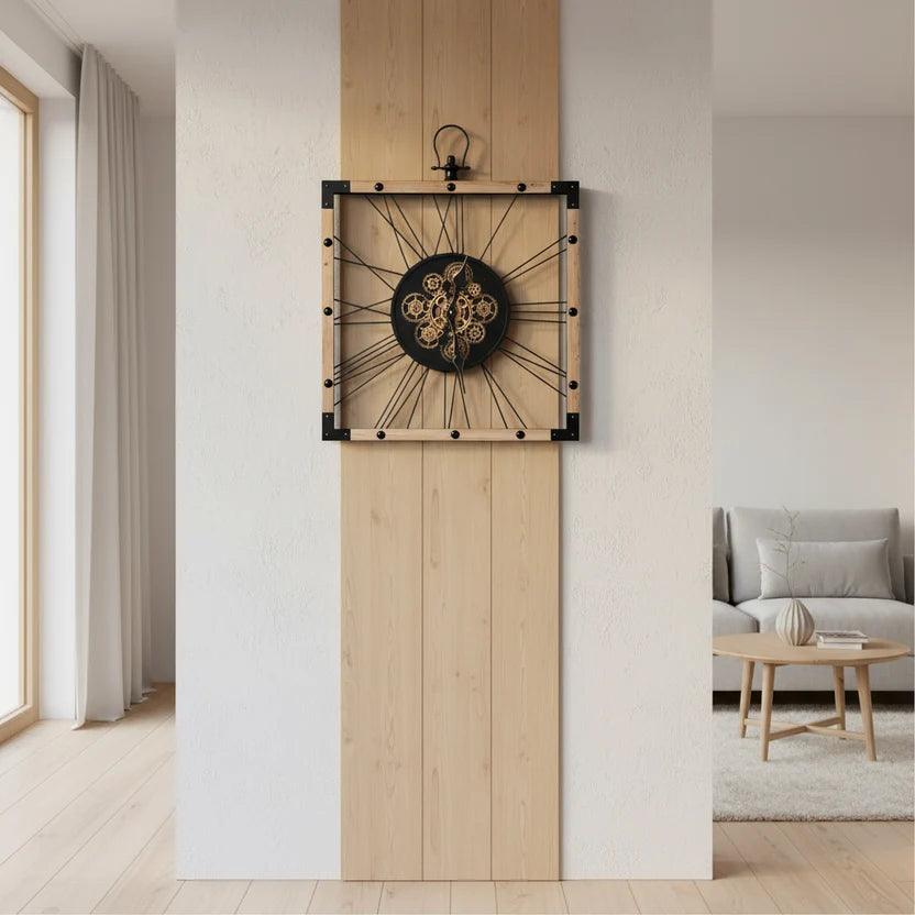 Square industrial wall clock on feature wall in minimalist home setting
