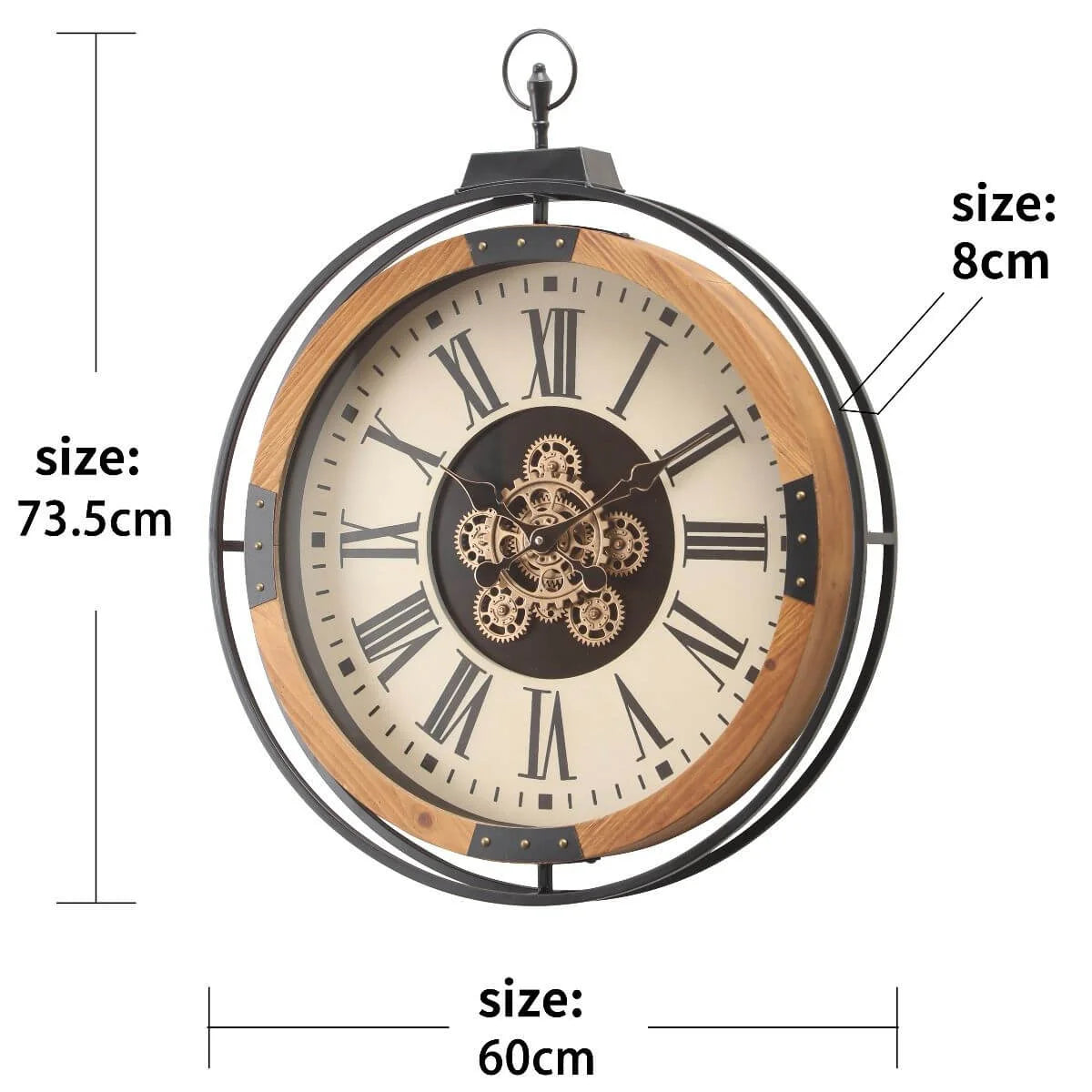 Dimensions diagram of Champs Elysees gearmoving wall clock, 74cm diameter