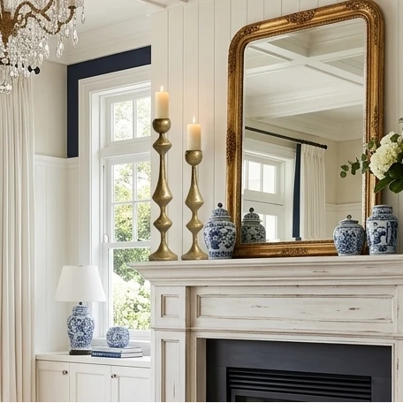 Hammered gold candle holders with lit candles on a mantel in a traditional interior