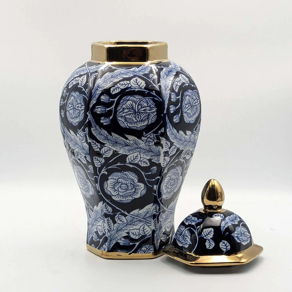 Navy floral ceramic ginger jar with lid removed showing gold detailing