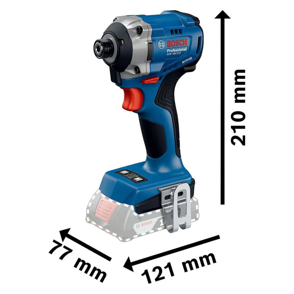 Bosch 18V Brushless Impact Driver GDR 18V-215 with dimensions 210mm height, 121mm length, and 77mm width