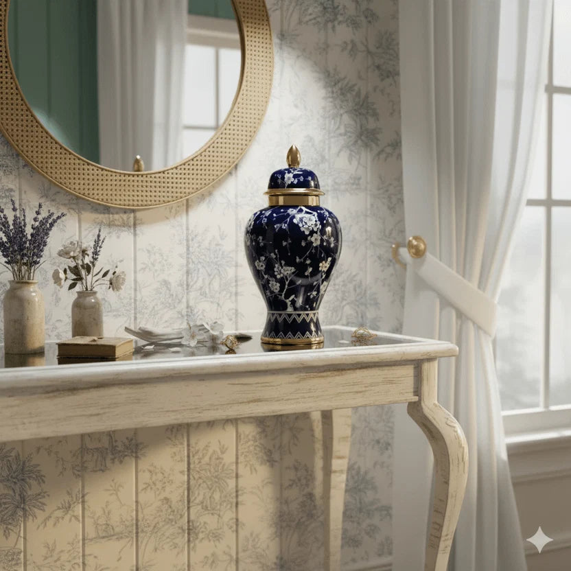 Blossom ceramic temple jar on an elegant console under a round mirror
