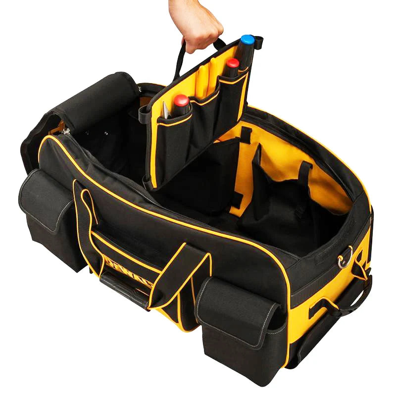 Open DeWALT tool bag with removable organiser tray inside