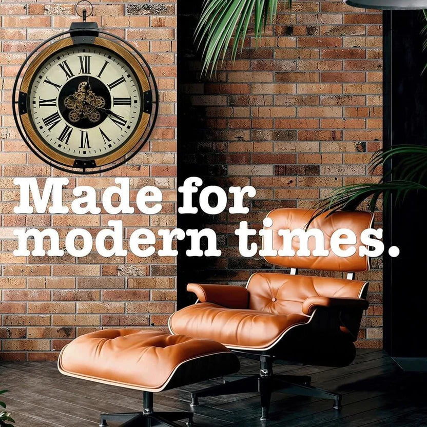 Champs Elysees gearmoving wall clock displayed in modern living room setting