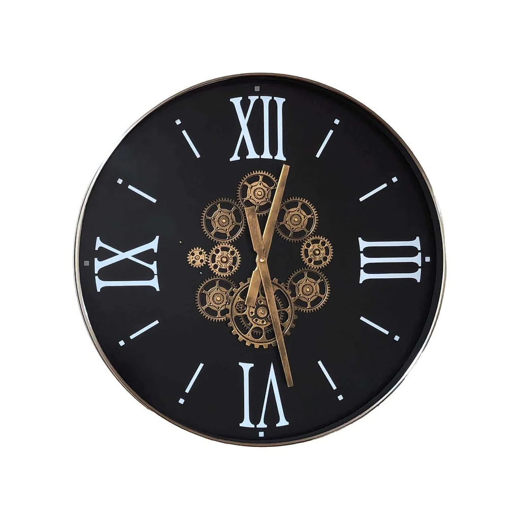 Front view of industrial wall clock with prominent gear design