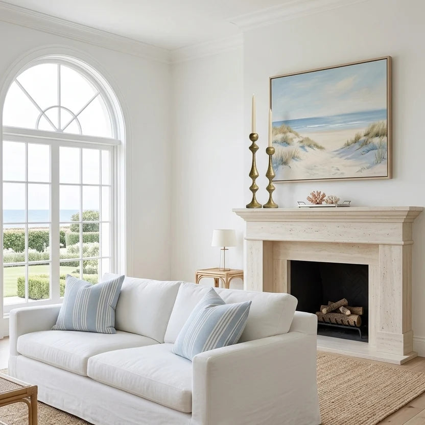 Gold hammered candle holders styled with candles on mantel in bright living room