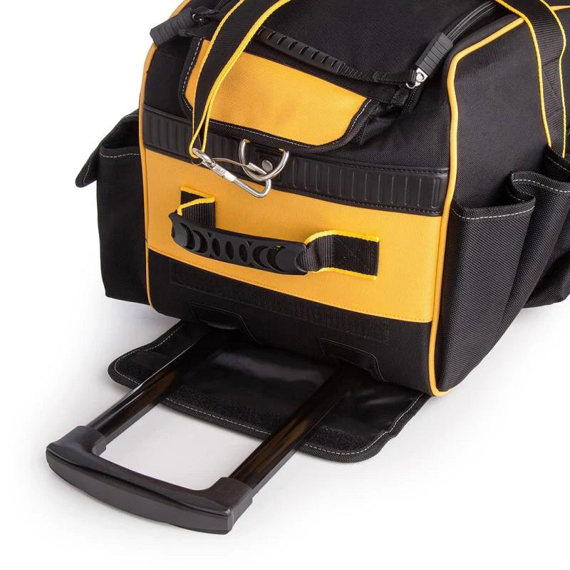 Close-up of DeWALT tool bag base and telescopic handle