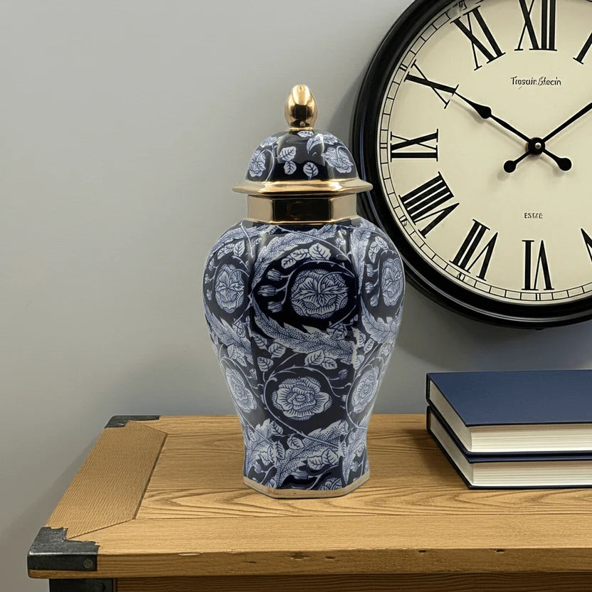 Ginger jar displayed on a wooden table next to a clock and books