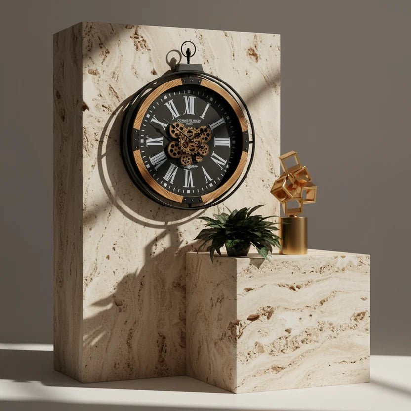 Champs Elysees wall clock mounted on marble blocks with gold ornament and plant